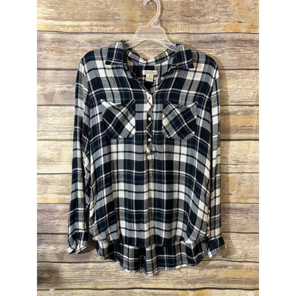 Lucky Brand Plaid Modal Popover Shirt M Medium Navy Green White High Low Hem - Picture 2 of 7